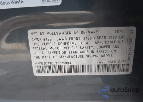 2009 Volkswagen Passat Komfort from USA, damaged, VIN WVWJK73C59P025994